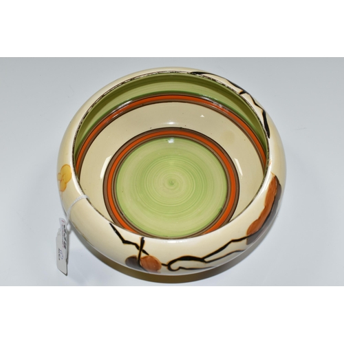 339 - A CLARICE CLIFF 'ALTON' DESIGN BOWL, green, orange and brown banding inside, diameter 20cm, black ba... 