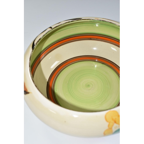 339 - A CLARICE CLIFF 'ALTON' DESIGN BOWL, green, orange and brown banding inside, diameter 20cm, black ba... 