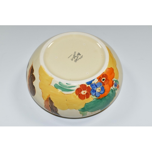 339 - A CLARICE CLIFF 'ALTON' DESIGN BOWL, green, orange and brown banding inside, diameter 20cm, black ba... 