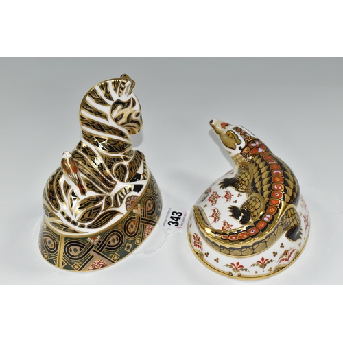 343 - TWO ROYAL CROWN DERBY IMARI PAPERWEIGHTS, comprising 'Crocodile' an exclusive gold signature edition... 