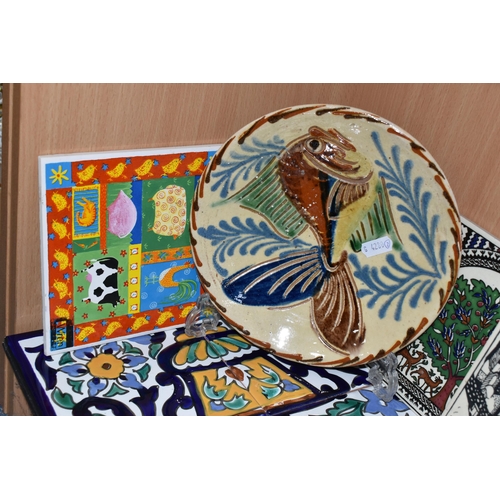 347 - A COLLECTION OF CERAMIC TILES, comprising a Spanish 'Fish' dish marked on the back Valamos, a wall p... 