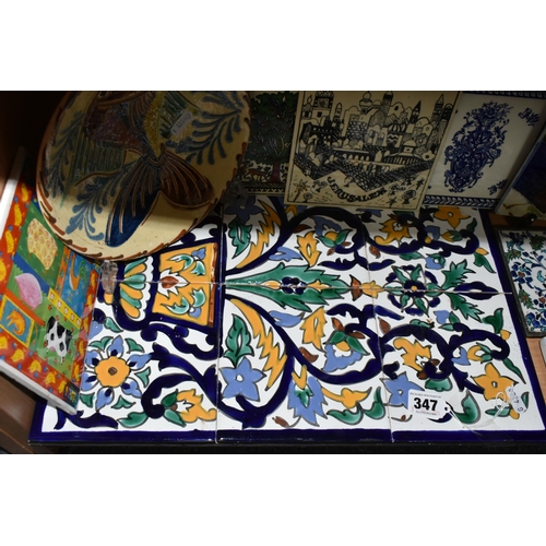 347 - A COLLECTION OF CERAMIC TILES, comprising a Spanish 'Fish' dish marked on the back Valamos, a wall p... 