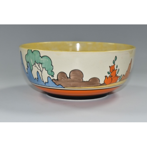 358 - A CLARICE CLIFF 'ORANGE ROOF COTTAGE' DESIGN BOWL,  with orange, black and yellow banding inside, di... 