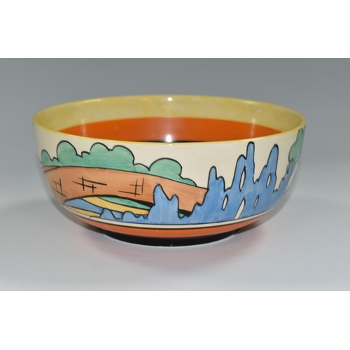 358 - A CLARICE CLIFF 'ORANGE ROOF COTTAGE' DESIGN BOWL,  with orange, black and yellow banding inside, di... 