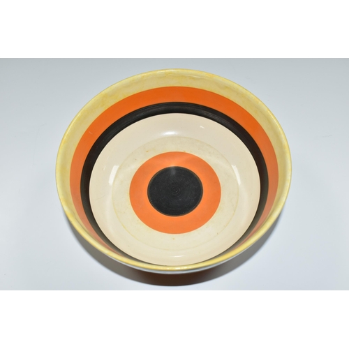 358 - A CLARICE CLIFF 'ORANGE ROOF COTTAGE' DESIGN BOWL,  with orange, black and yellow banding inside, di... 