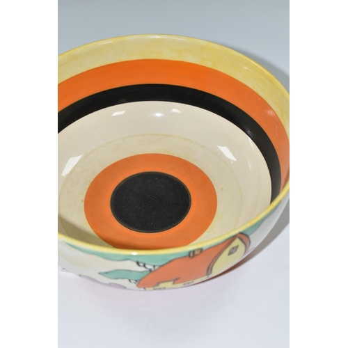 358 - A CLARICE CLIFF 'ORANGE ROOF COTTAGE' DESIGN BOWL,  with orange, black and yellow banding inside, di... 