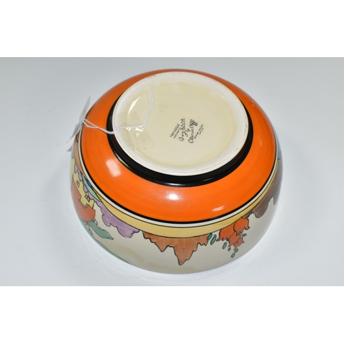 358 - A CLARICE CLIFF 'ORANGE ROOF COTTAGE' DESIGN BOWL,  with orange, black and yellow banding inside, di... 