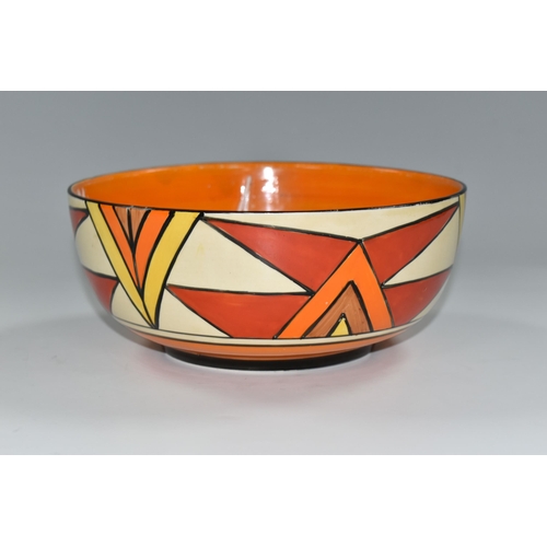 365 - A CLARICE CLIFF 'SUNBURST' DESIGN BOWL, black and orange banding inside, diameter 19cm, black printe... 