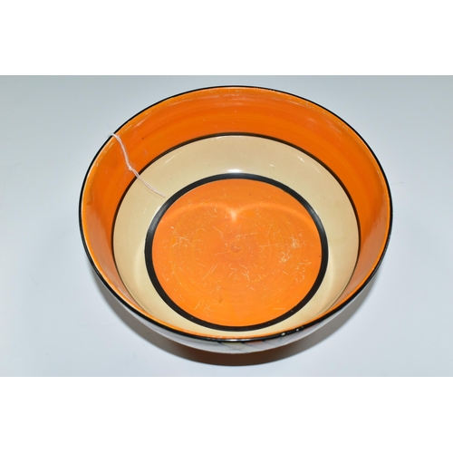 365 - A CLARICE CLIFF 'SUNBURST' DESIGN BOWL, black and orange banding inside, diameter 19cm, black printe... 