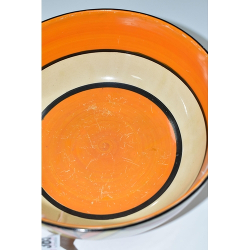 365 - A CLARICE CLIFF 'SUNBURST' DESIGN BOWL, black and orange banding inside, diameter 19cm, black printe... 