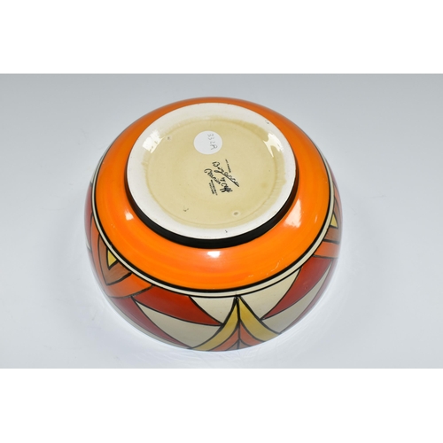 365 - A CLARICE CLIFF 'SUNBURST' DESIGN BOWL, black and orange banding inside, diameter 19cm, black printe... 