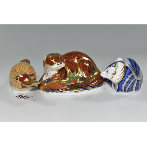 367 - THREE ROYAL CROWN DERBY IMARI PAPERWEIGHTS, comprising 'Otter' with a gold hexagonal 21st anniversar... 