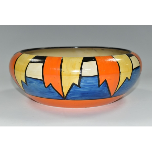 370 - A CLARICE CLIFF 'NEW FLAG' DESIGN BOWL, blue, orange and black banded interior, diameter 25cm, backs... 