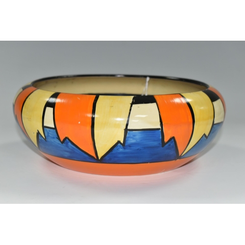 370 - A CLARICE CLIFF 'NEW FLAG' DESIGN BOWL, blue, orange and black banded interior, diameter 25cm, backs... 