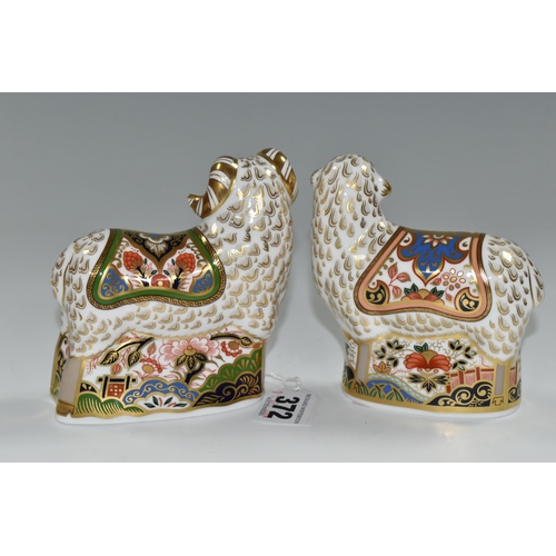 372 - TWO ROYAL CROWN DERBY IMARI PAPERWEIGHTS, comprising 'Imari Ram' gold hexagonal stopper, date cypher... 