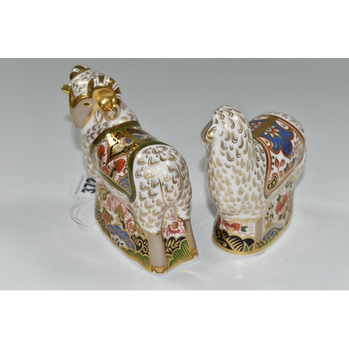 372 - TWO ROYAL CROWN DERBY IMARI PAPERWEIGHTS, comprising 'Imari Ram' gold hexagonal stopper, date cypher... 