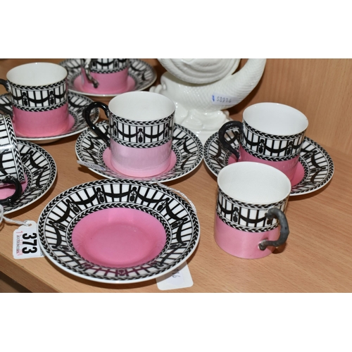 373 - A SET OF SIX EDWARDIAN ROYAL WORCESTER 907 COFFEE CANS AND SAUCERS, featuring a black and white 'Rai... 