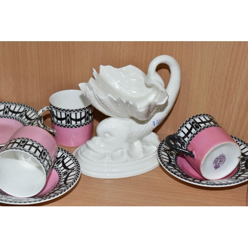 373 - A SET OF SIX EDWARDIAN ROYAL WORCESTER 907 COFFEE CANS AND SAUCERS, featuring a black and white 'Rai... 