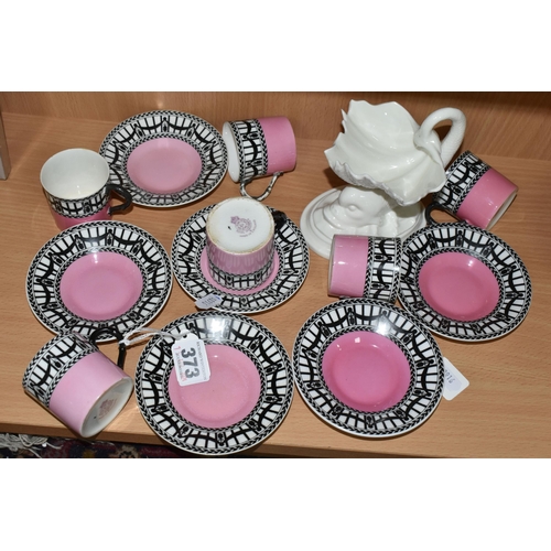 373 - A SET OF SIX EDWARDIAN ROYAL WORCESTER 907 COFFEE CANS AND SAUCERS, featuring a black and white 'Rai... 