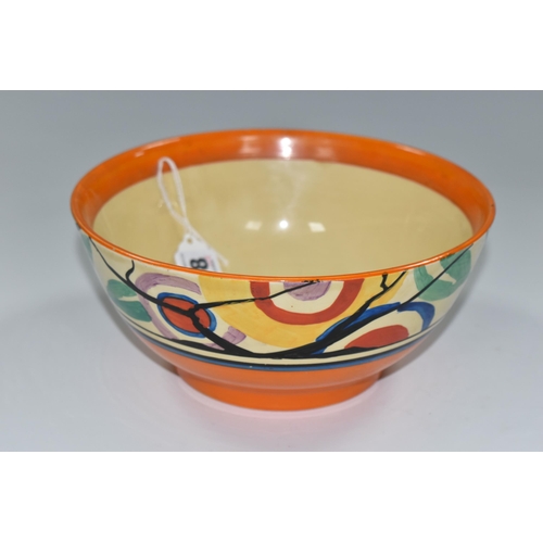 378 - A FANTASQUE CLARICE CLIFF CIRCLE TREE PATTERN CIRCULAR BOWL, orange band to the inner rim, incised '... 