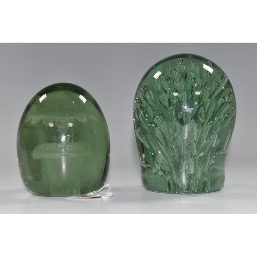 387 - TWO VICTORIAN GREEN GLASS DUMP WEIGHTS, the larger with controlled bubble inclusions, height 12cm, c... 