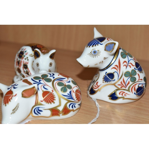 394 - THREE ROYAL CROWN DERBY PIGLET PAPERWEIGHTS, comprising Piglet introduced 1996-1999, silver stopper,... 