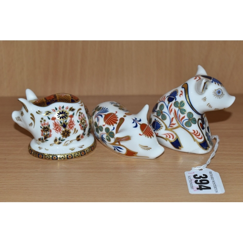 394 - THREE ROYAL CROWN DERBY PIGLET PAPERWEIGHTS, comprising Piglet introduced 1996-1999, silver stopper,... 