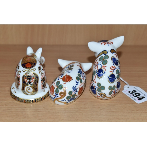 394 - THREE ROYAL CROWN DERBY PIGLET PAPERWEIGHTS, comprising Piglet introduced 1996-1999, silver stopper,... 