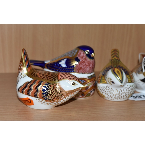 397 - FOUR ROYAL CROWN DERBY BIRD PAPERWEIGHTS, comprising 'Collectors Guild Crested Tit', chipped beak, w... 