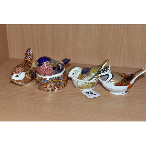 397 - FOUR ROYAL CROWN DERBY BIRD PAPERWEIGHTS, comprising 'Collectors Guild Crested Tit', chipped beak, w... 