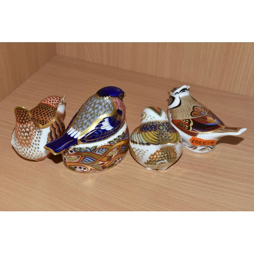 397 - FOUR ROYAL CROWN DERBY BIRD PAPERWEIGHTS, comprising 'Collectors Guild Crested Tit', chipped beak, w... 