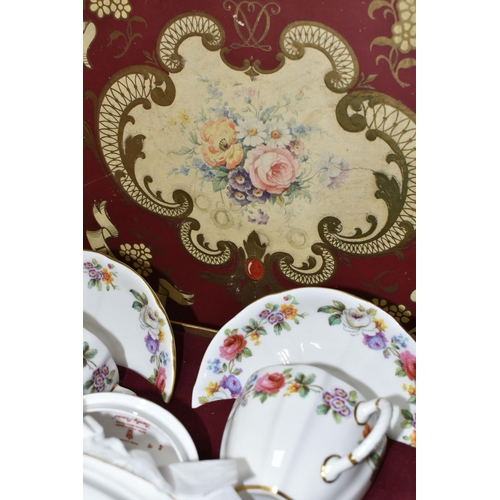 402 - A BOXED ROYAL CROWN DERBY TEA FOR TWO SET, with Derby posies teapot and the cups, saucers, milk, sug... 