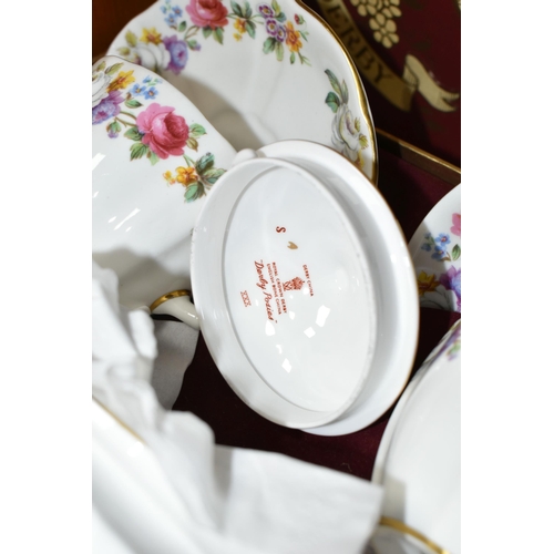 402 - A BOXED ROYAL CROWN DERBY TEA FOR TWO SET, with Derby posies teapot and the cups, saucers, milk, sug... 