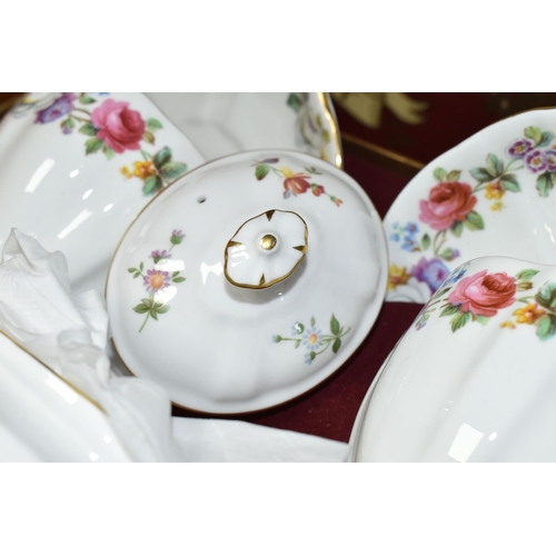 402 - A BOXED ROYAL CROWN DERBY TEA FOR TWO SET, with Derby posies teapot and the cups, saucers, milk, sug... 