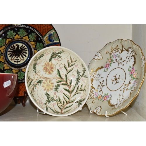 406 - SIX PIECES OF 19TH AND 20TH CENTURY CERAMICS, comprising a Poole pottery abstract footed platter, di... 