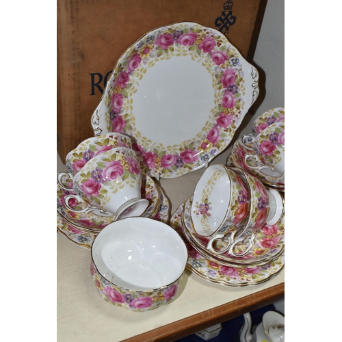 411 - A BOXED ROYAL ALBERT 'SERENA' PATTERN TWENTY ONE PIECE TEA SET, comprising six cups, six saucers, si... 