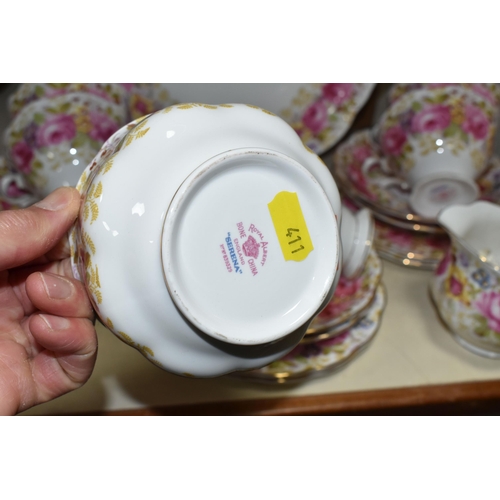 411 - A BOXED ROYAL ALBERT 'SERENA' PATTERN TWENTY ONE PIECE TEA SET, comprising six cups, six saucers, si... 