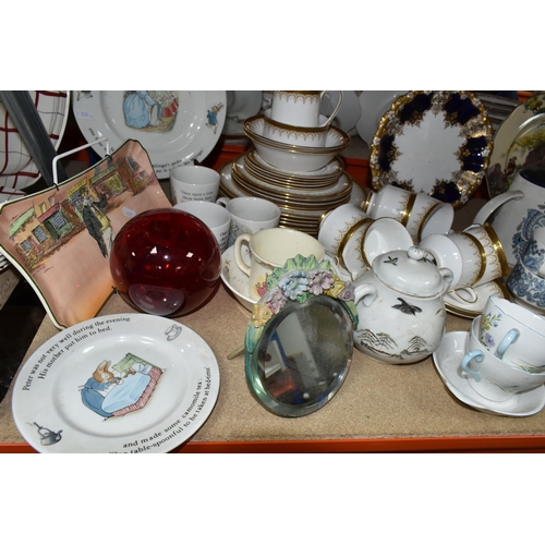 422 - A QUANTITY OF NAMED CERAMICS, comprising a small Barbola style table mirror, a Royal Doulton 'Bunnyk... 