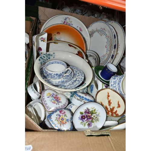 424 - THREE BOXES OF TEAWARE AND CERAMICS, to include a Bourne Denby Pottery 'Burlington' vinegar decanter... 