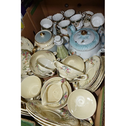 424 - THREE BOXES OF TEAWARE AND CERAMICS, to include a Bourne Denby Pottery 'Burlington' vinegar decanter... 