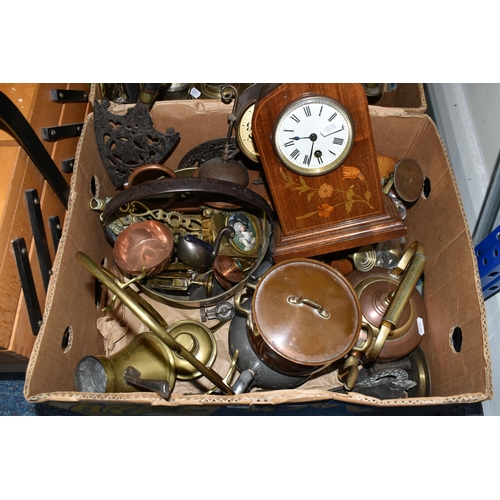 426 - TWO BOXES OF METALWARE, to include a copper kettle, pots and ornaments, brass postal scales with wei... 