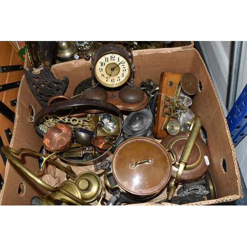 426 - TWO BOXES OF METALWARE, to include a copper kettle, pots and ornaments, brass postal scales with wei... 