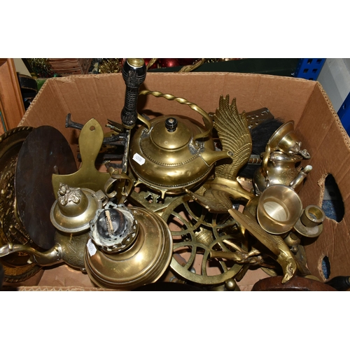 426 - TWO BOXES OF METALWARE, to include a copper kettle, pots and ornaments, brass postal scales with wei... 