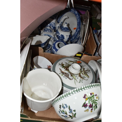 435 - FIVE BOXES AND LOOSE CERAMICS AND GLASS, to include a Portmeirion Botanic Garden salad bowl, caniste... 