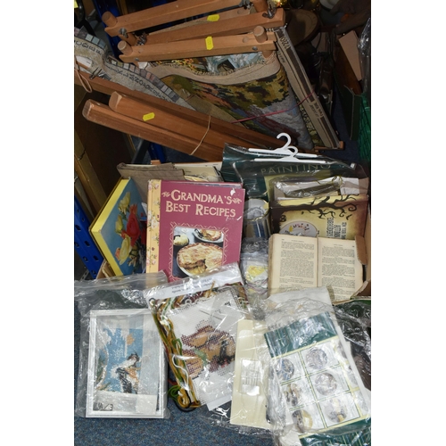 437 - A BOX AND LOOSE EMBROIDERY SUPPLIES AND COOKERY BOOKS, three cookery books to include A New System o... 