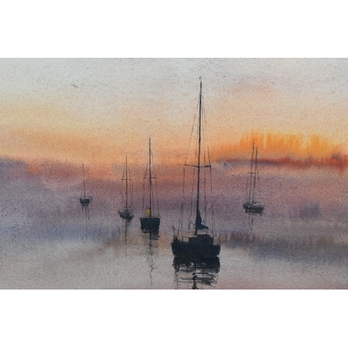 438 - EDWARD MORRIS (BRITISH 1919-1996) THREE WELSH SUNSET WATERCOLOUR PICTURES, comprising a seascape wit... 