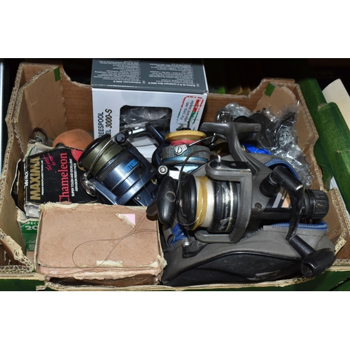 445 - TWO BOXES OF FISHING ACCESSORIES, to include fishing reels: The Milbro, J. W. Young & Sons Ltd Trude... 