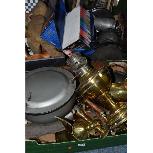 446 - THREE BOXES OF METAL WARES AND SUNDRY ITEMS, to include a centrifuge, a brass bodied oil lamp, a bra... 