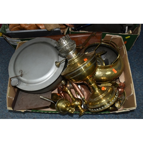 446 - THREE BOXES OF METAL WARES AND SUNDRY ITEMS, to include a centrifuge, a brass bodied oil lamp, a bra... 