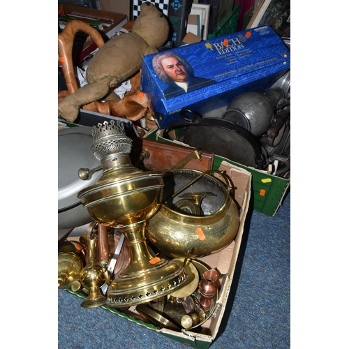 446 - THREE BOXES OF METAL WARES AND SUNDRY ITEMS, to include a centrifuge, a brass bodied oil lamp, a bra... 